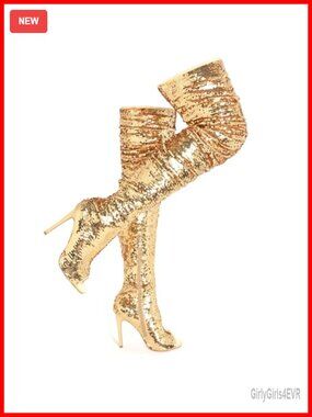 CAMSSOO Open Toe Sparkly Thigh High Boots Stiletto Heels Sequin Over-the-Knee